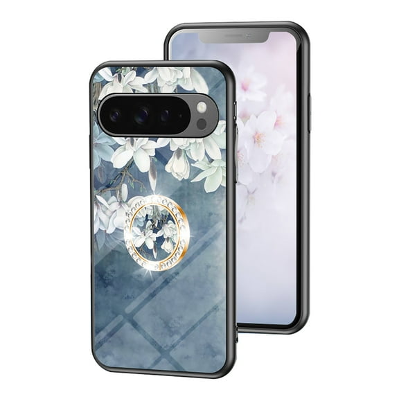 Allytech Google Pixel 10 Pro XL Case with Glitter Ring Holder, Flower Pattern Fashion Desing Protective Shockproof Anti-Scratch Slim Lightweight Case Cover for Google Pixel 10 Pro XL - Blue