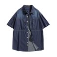 thumbnail image 1 of Camisa Elvqul Hombre de Color Sólido Manga Corta Playa Azul Oscuro Abotonada Algodón Solapa Con Bolsillos, 1 of 2