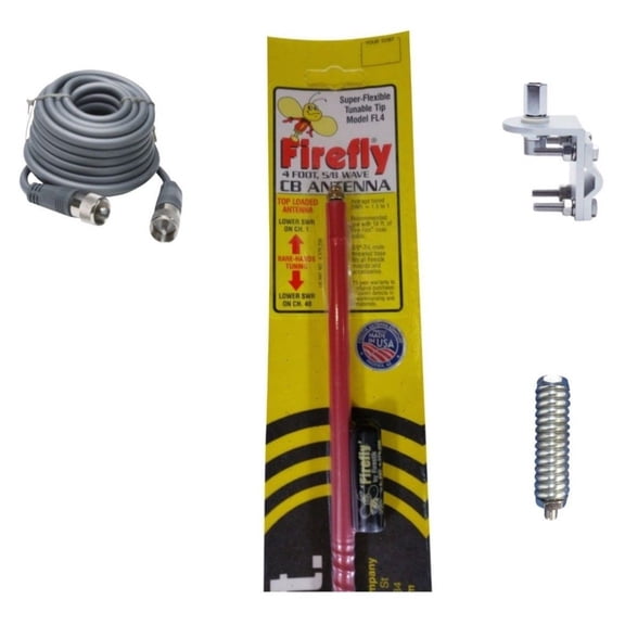 CB RADIO FIRESTIK FL4 R RED 4FT CB ANTENNA, 18FT RG8X COAX, SPRING, BRKT & STD