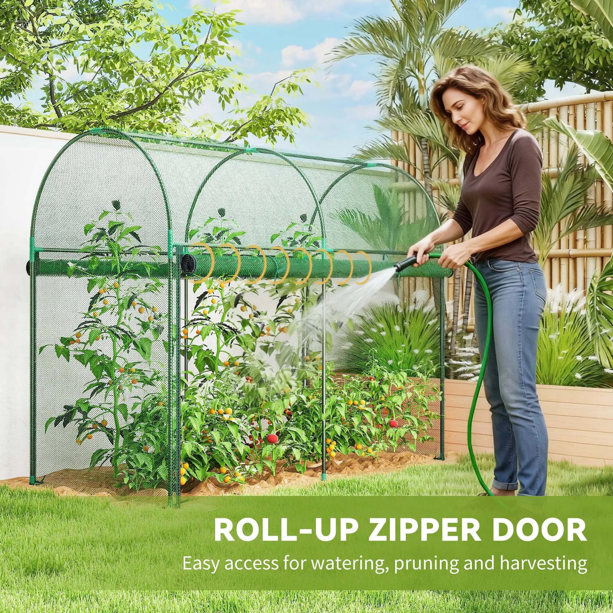 Plant Protector Crop Cage for Tall Vegetables & Climbing Crops, HDPE Mesh Cover, Powder-Coated Steel Frame, Roll-Up Zippered Door with U-Shaped Stakes