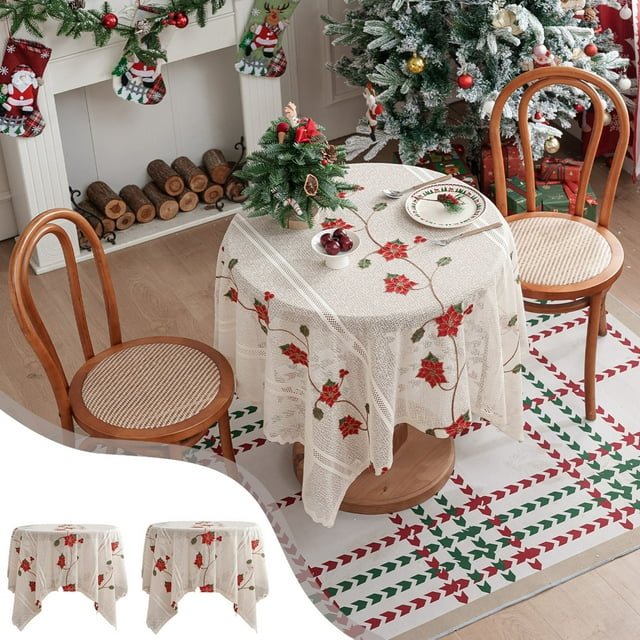 Mantel Navideño Rojo Bordado para Decoración Del Hogar, Tela Beige, 140X100Cm | Cubre Mesas Auxiliares y de Comedor |