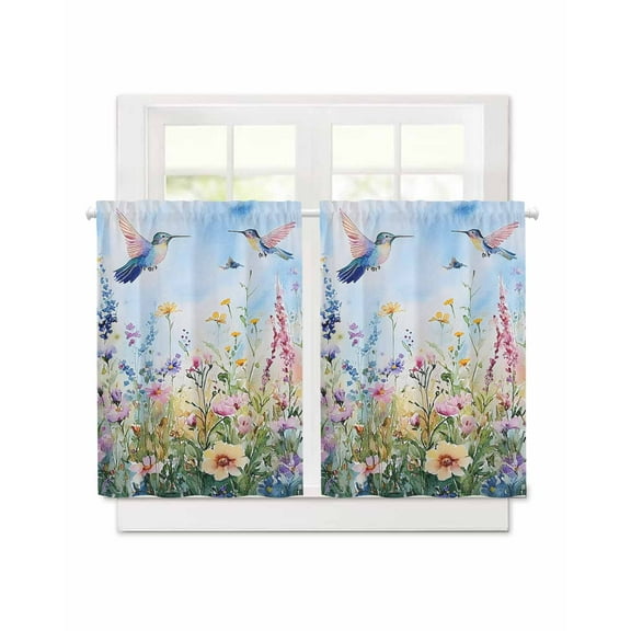 Watercolor Wildflower Short Blackout Curtains 36 Inch Long Hummingbird Hand-painted Flowers Bird Rod Pocket Kitchen Curtains, 2 Panels Thermal Insulated Room Darkening Drapes for Bedroom, 30"W x 36"L