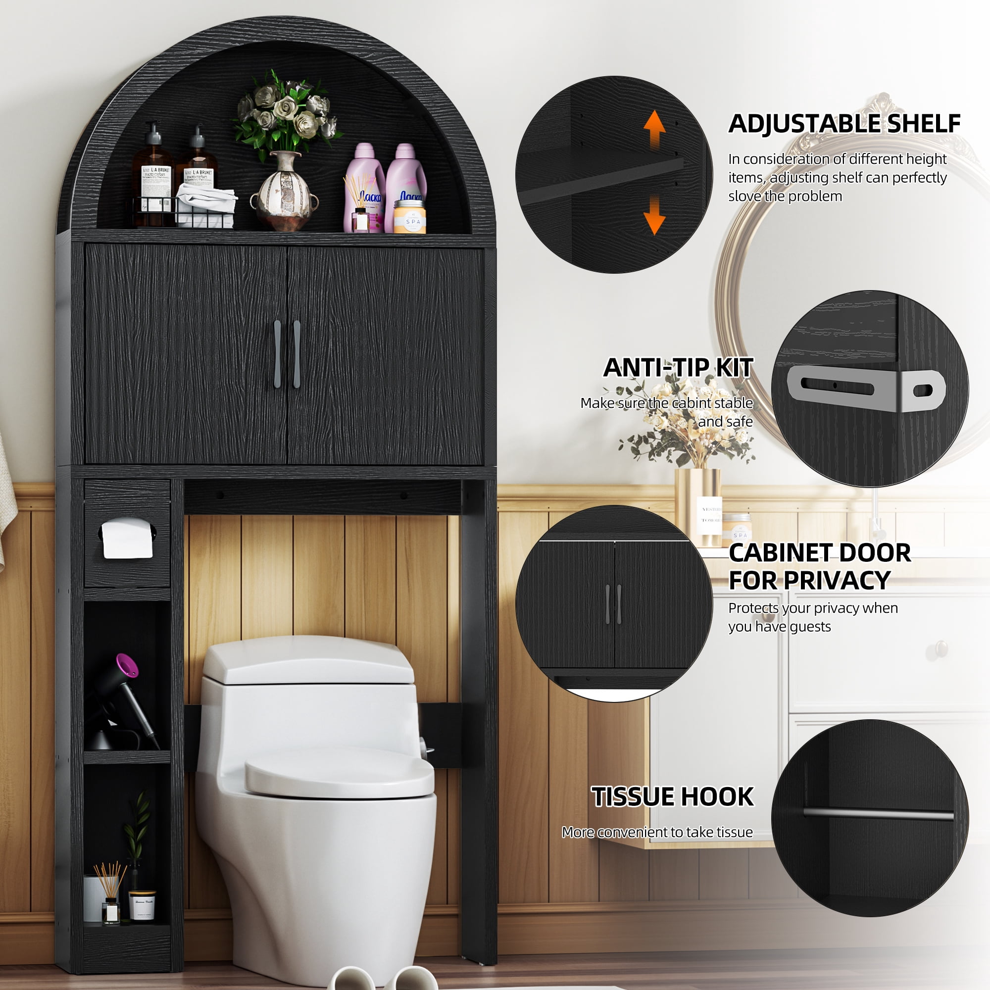 AHB Over Toilet Storage Cabinet with Arc Design, Freestanding Bathroom Organizer with Doors, 7.7"D x 30.5"W x 67.7"H, Black