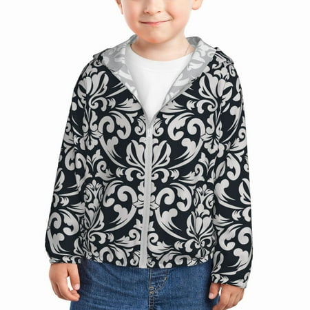 

Rash Guard for Boys Girls - Classica Floral Baroque Pattern Lightweight Long Sleeve Sun Protection Jacket Hooded Cooling Swim Shirt with Zipper for Toddler Kids Children