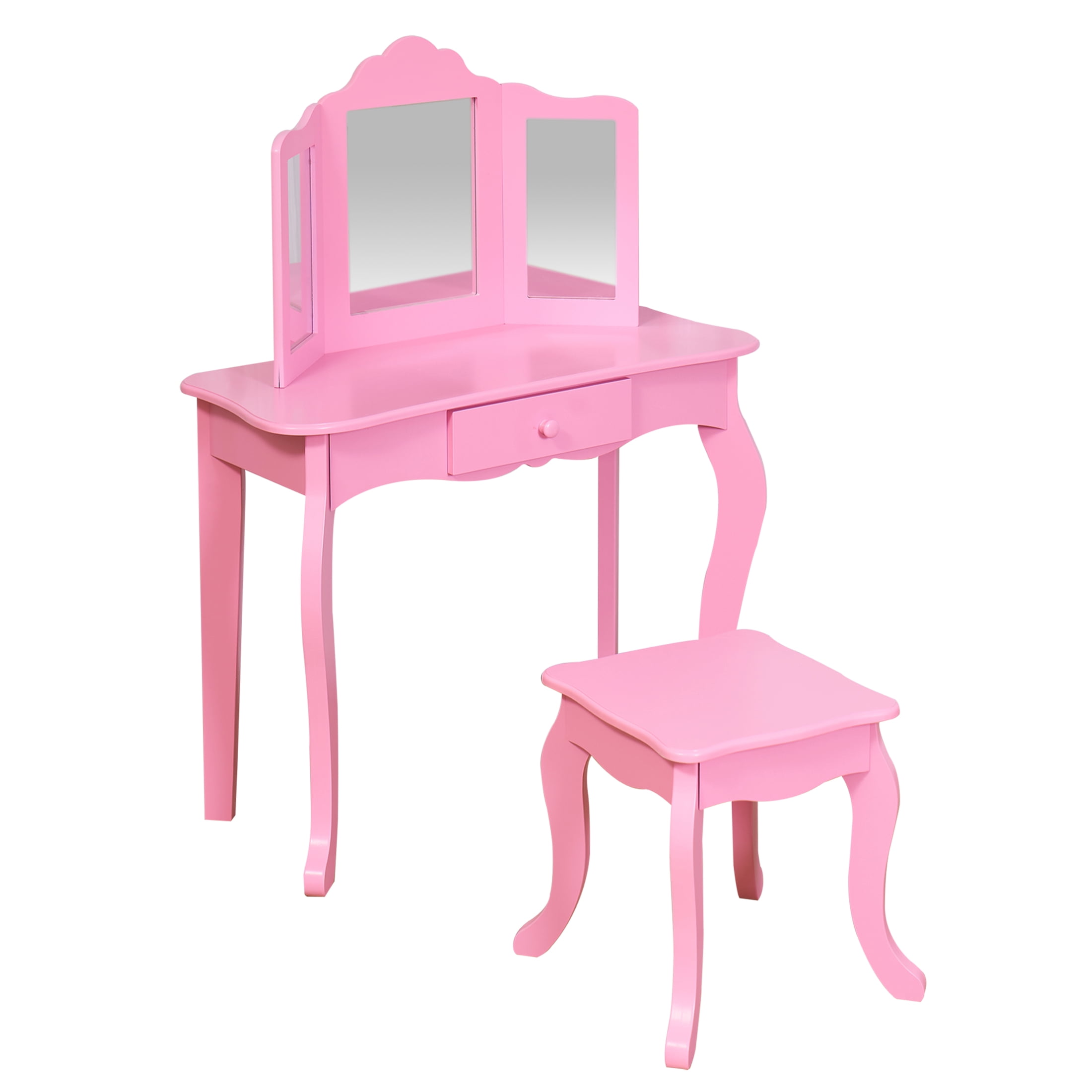 Your Zone Kids Wooden Vanity Table And Stool Set With 3 Mirrors,Pink,3 Year Old Up