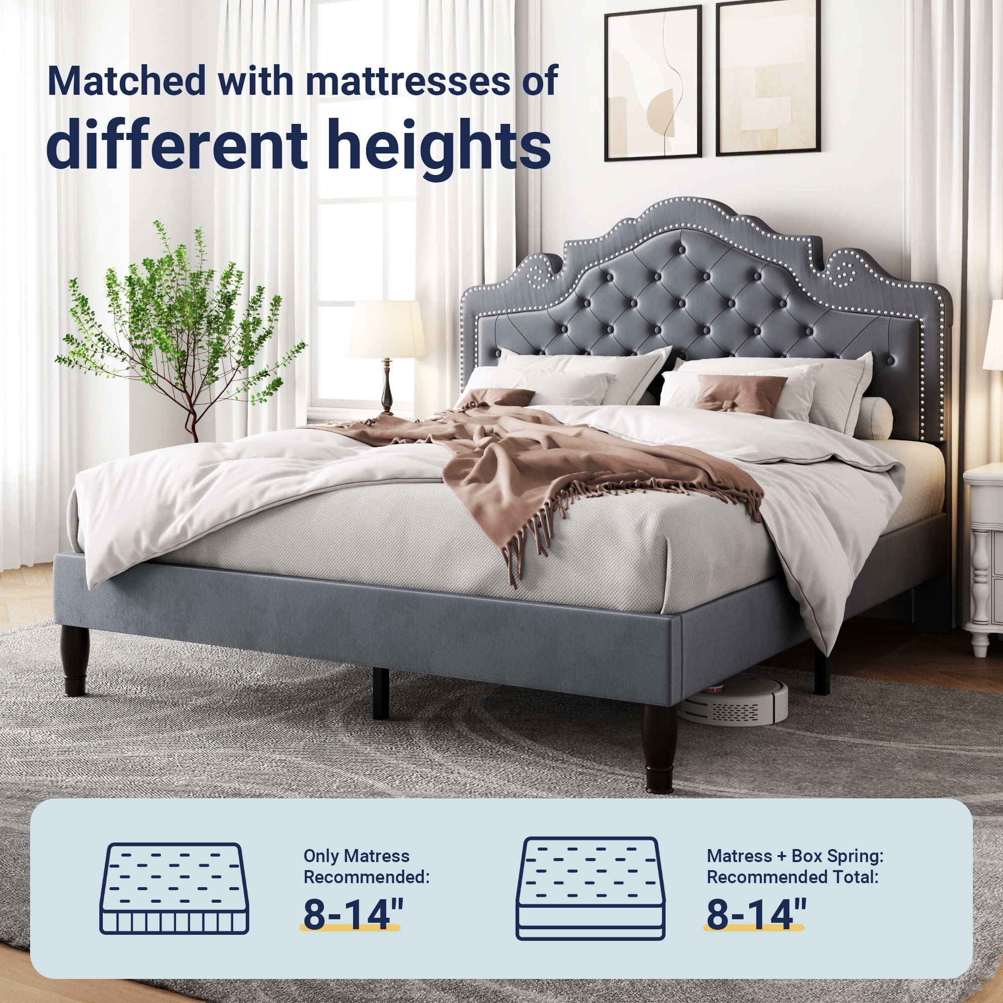 Allewie Full Bed Frame, Velvet Tiara Upholstered Diamond Button Tufted Headboard, No Box Spring Needed, Gray