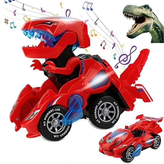 Toy Cars for Boys 3-6 Year Old Girls with LED Light and Music,Automatic Transforming Dinosaur Car Toys Birthday Gifts for Kids Toddlers,Red