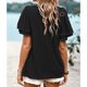 thumbnail image 4 of Camiseta informal con cuello en V para mujer, mangas con volantes, costuras de encaje ahuecadas, tipo suelto, informal, para verano, negro, S, 4 of 6