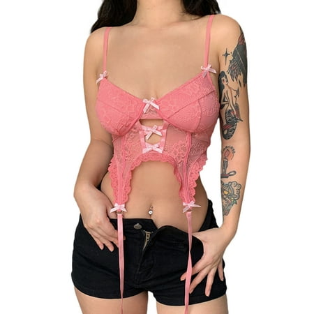 

Eyicmarn Women s Floral Lace Corset Sleeveless V Neck Cut Out Irregular Hem Bustier Crop Tops