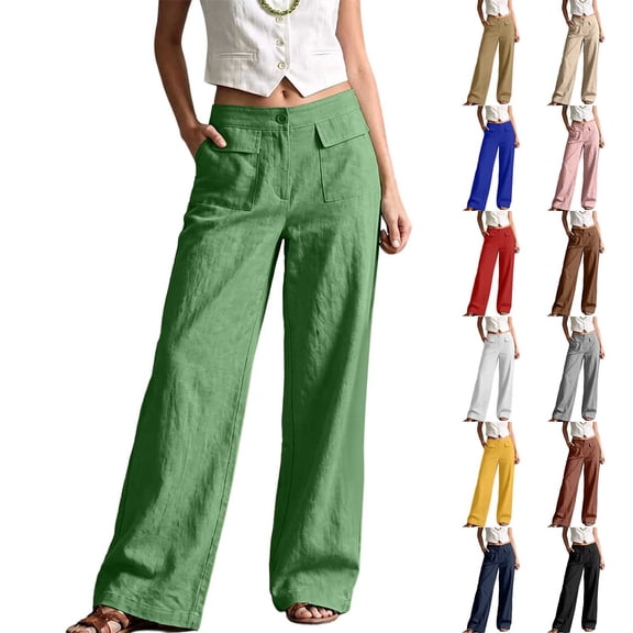 Hvogkswy Wide Leg Pants for Women, Button High Waist Casual Long Pants with Pockets Flowy Bohemian Vacation Cargo Pants