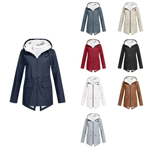 Antinious Womens Plus Size Waterproof Fleece Lined Rain Jacket Outdoor Raincoat Windbreaker with Zipper Pockets,Jackets for Women Trendy,Casual Winter Coats for Women,Beige,XXL