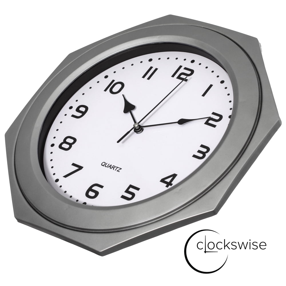 Clockswise 12-in Non-Ticking Octagon Plastic Analog Wall Clock - Elegant Decorative Accent for Home Décor in Bedroom, Bathroom, Living Room, Dining Room, Entryway, Hallway, Kitchen or Office, Silver