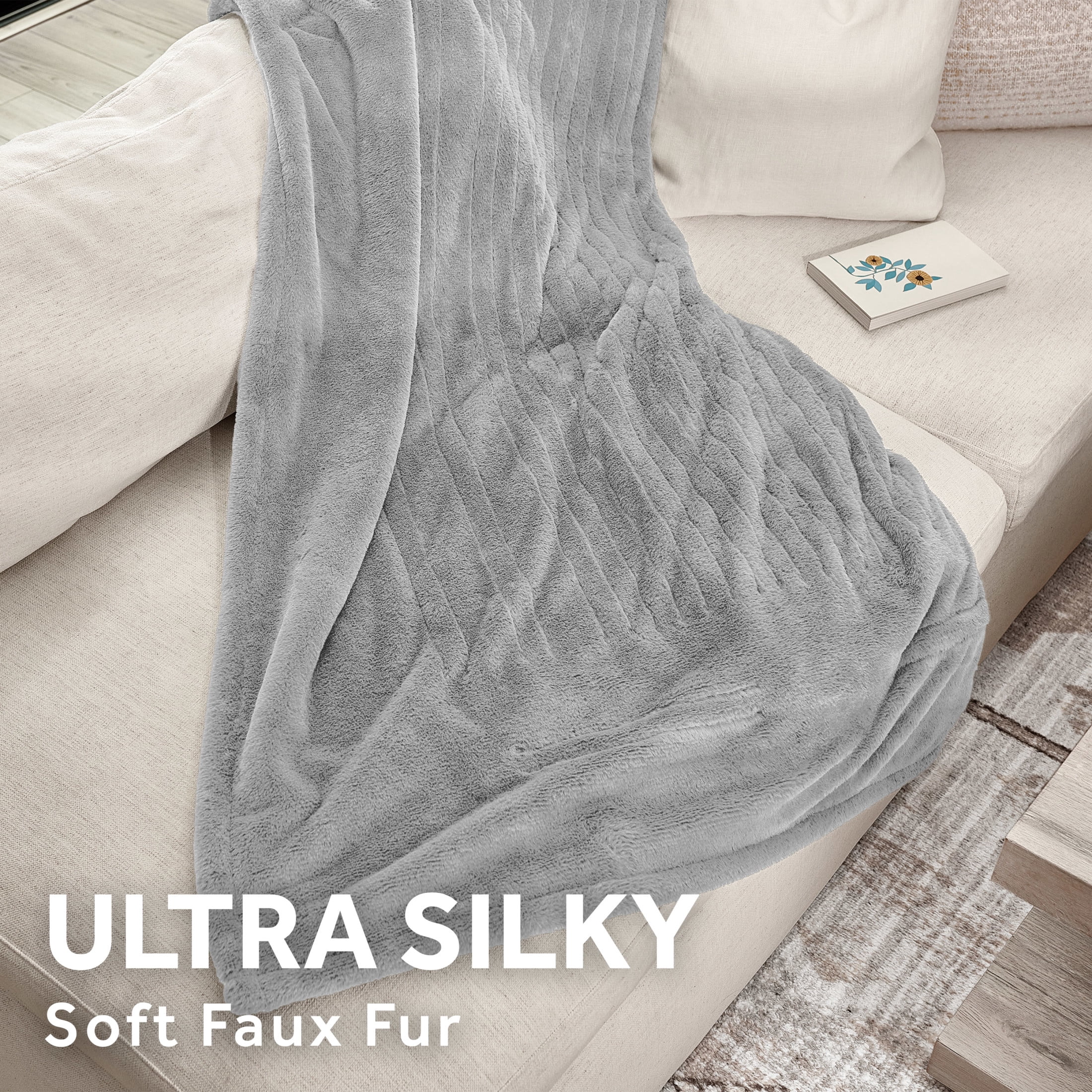 Sunbeam Heated Throw Blanket Faux Fur Gray 3 Heat Settings 3-Hour Auto Shut Off 50"x60"