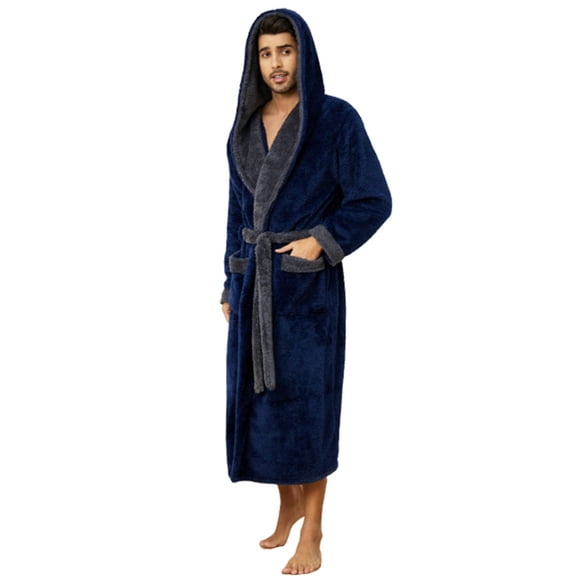 U2SKIIN Mens Hooded Robe, Big and Tall Full Length Plush Robe for Men Long Fleece Bathrobe（Navy/Grey, L/XL）