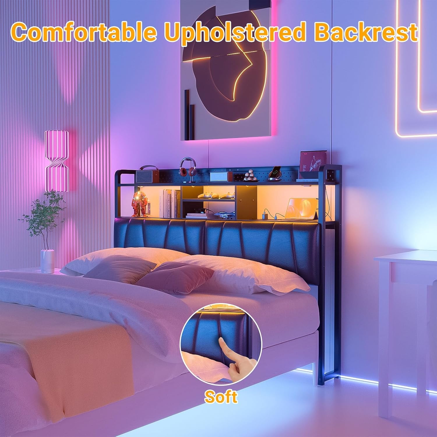 iSunirm Queen Size Upholstered Headboard with Power Outlets, USB Ports & RGB LED Light, Comfy Leather Headboards with Storage Shelf, Sturdy Queen Bed Headboard for Bedroom/Dorm Room, Black