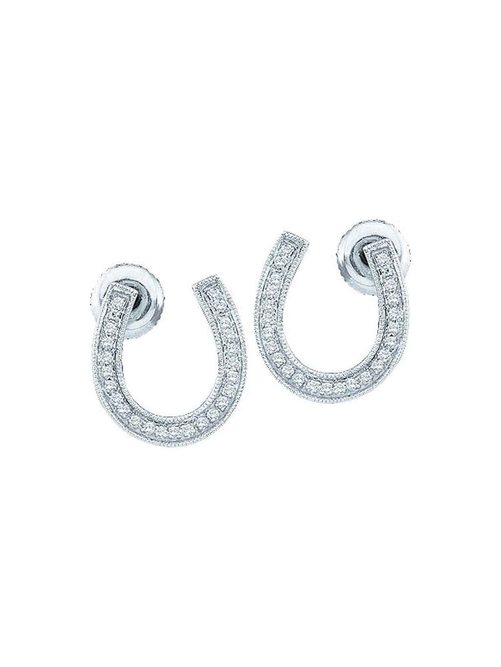 Sterling Silver Diamond Horseshoe Stud Earrings Good Luck Studs Screwback Style Fancy 1/20 Cttw