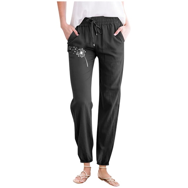 Ladies Pants Casual Ladies Minimalist Spring Summer Solid Color With Printed Pockets Drawstring Women Wide Leg Pants Black L