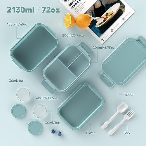 Bento Box Adult Lunch Box - 72oz Stackable Bento Lunch Box for Adults, 3 Layers All-in-One Large Bento Box Leak-Proof Lunchbox with Utensil Sauce Dressing Containers for Dining Out,Work, Green