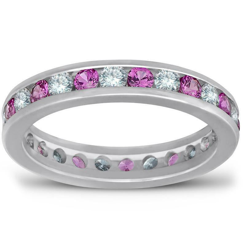 Eternity Clear & Pink Sapphire Crystals Genuine Stainless Steel Ring Size 7-13