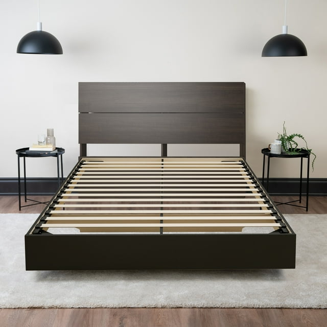 Lit Platforme en Bois avec Tête de Lit (Ébène et Noir) - Grand Lit