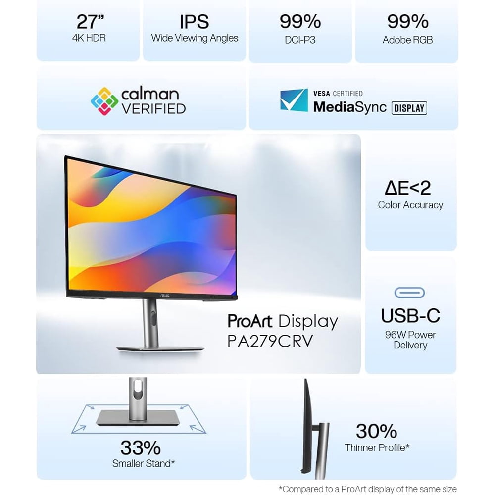 Asus ProArt PA279CRV 27" Class 4K UHD LED Monitor - 16:9 - 27" Viewable - In-plane Switching (IPS) Technology - LED Backlight - 3840 x 2160 - 1.073 Billion Colors - Adaptive Sync - 400 Nit - 5 ms -...