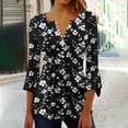 thumbnail image 2 of CYMMPU Tunic Tops 3/4 Sleeve Fall Trendy Shirts Loose Fit Spring Tops Button V Neck Flare Sleeve Flower Printed Blouses for Women Dressy Casual Empire Waist A Line T-Shirts Multicolor L, 2 of 5