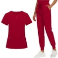thumbnail image 6 of RYDCOT Women's Solid Color Nurse Uniform Short Sleeve V Neck Button Top Side Slit Pockets Drawstring Jogger Pants Scrubs Set Red, 6 of 9