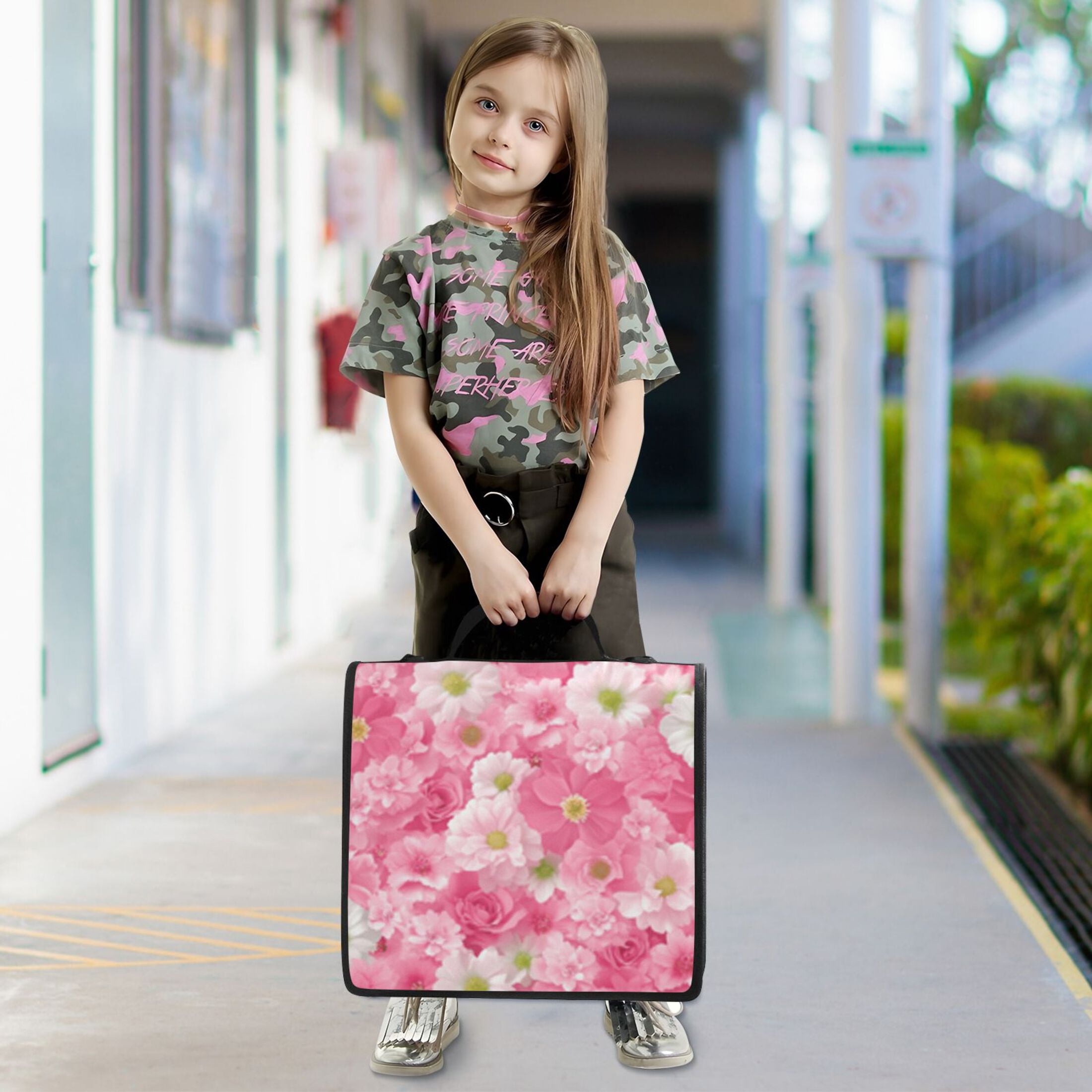 Zipper Binder Pink Floral Cluster 1.5 Inch Binder Folder Bag with Shoulder Strap and Handle