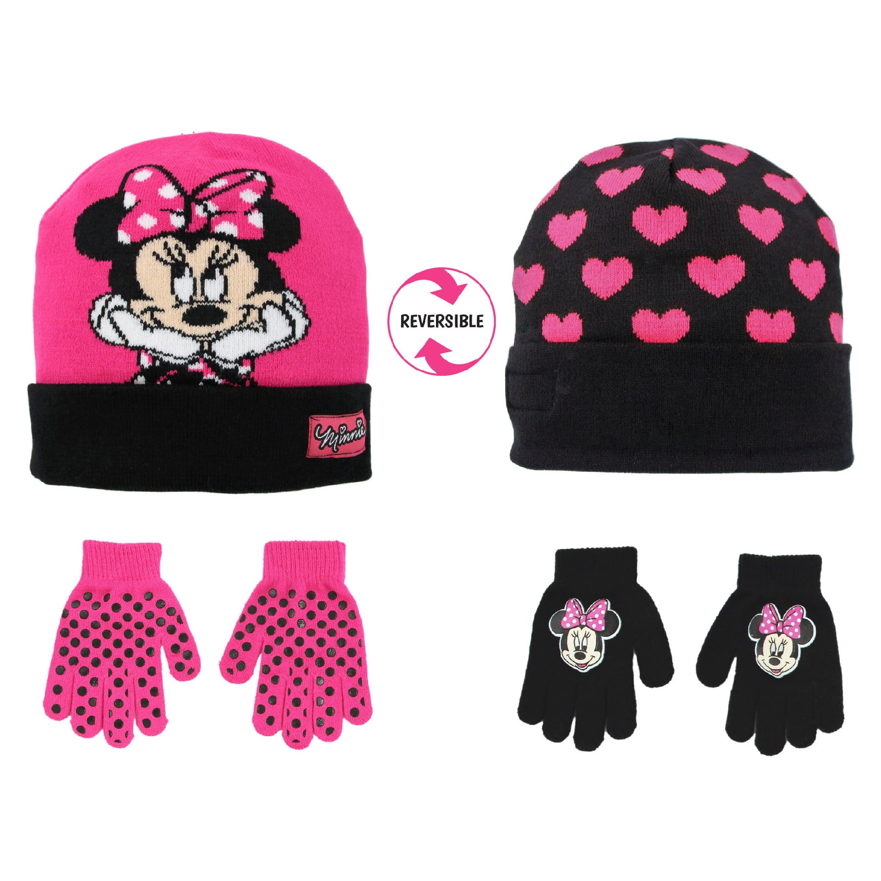 Disney Girls Hat and Glove Set, Kids Minnie Mouse Reversible Hat and