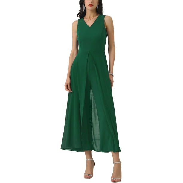 INSPIRAR CHIC Mono de Pierna Ancha para Mujeres Chifón Cuello en V Cóctel Sin Mangas Mono M Verde Oscuro