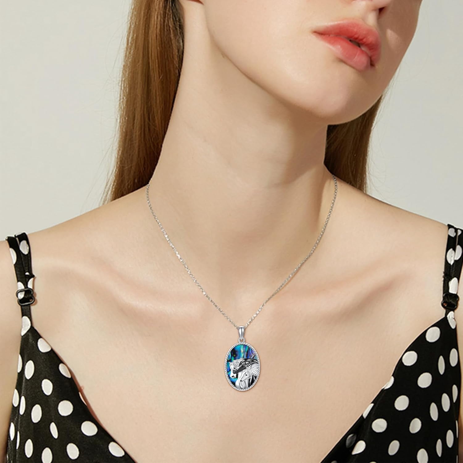 Sterling Silver Horse Pendant Necklace with Abalone Shell for Women, Animal Jewelry, Equestrian Gift for Her