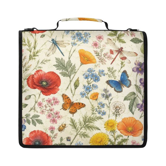 Zipper Binder with Shoulder Strap 2 inch 3 Ring Waterproof File Folder Organizer Bag 500 Sheet Colorful Wildflower Pattern