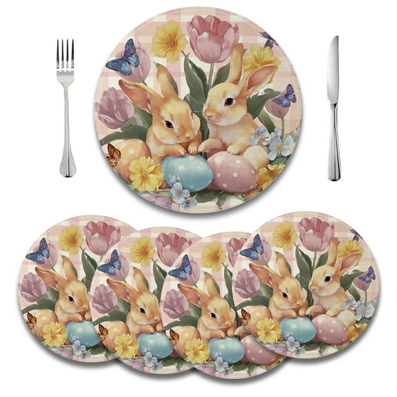MIZHONA Spring Easter Round Placemats Set of 4,Happy Easter Funny Rabbit Floral Table Decoration 14 inch