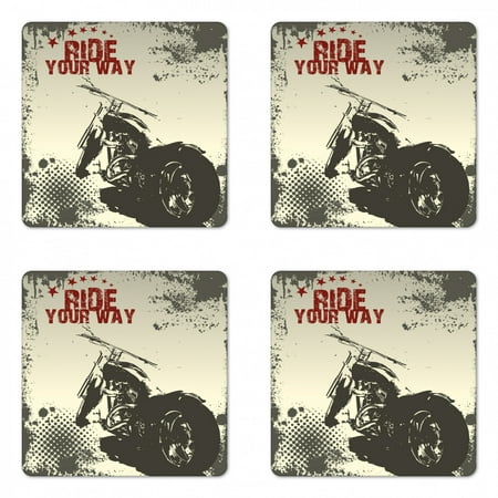 

Adventure Coaster Set of 4 Ride Your Way Words Motorcycle Image Poster Artwork Print Square Hardboard Gloss Coasters Standard Size Charcoal Grey Maroon by Ambesonne