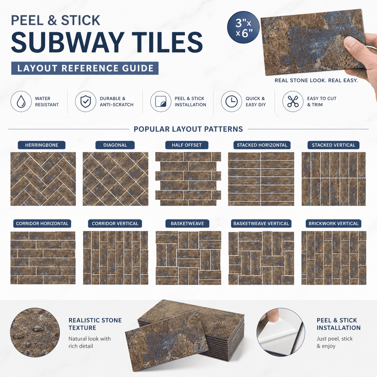 Yeslife 102-Pack Peel and Stick Backsplash Tile, 3" x 6" Rust Slate PVC Waterproof Subway Wall Tiles for Kitchen & Bathroom, 12.75 Sq Ft