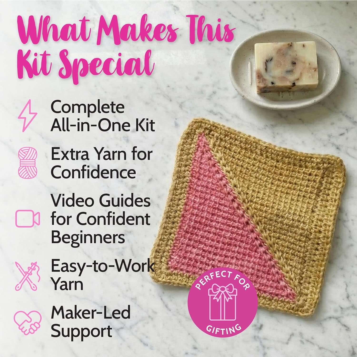 Everyday Joy Tunisian Crochet Dishcloth Kit for Confident Beginners – Make 4 Reusable Dishcloths Cotton Yarn, Hook, 2 Patterns & Video Tutorials (Camel Brown+Flamingo Pink)