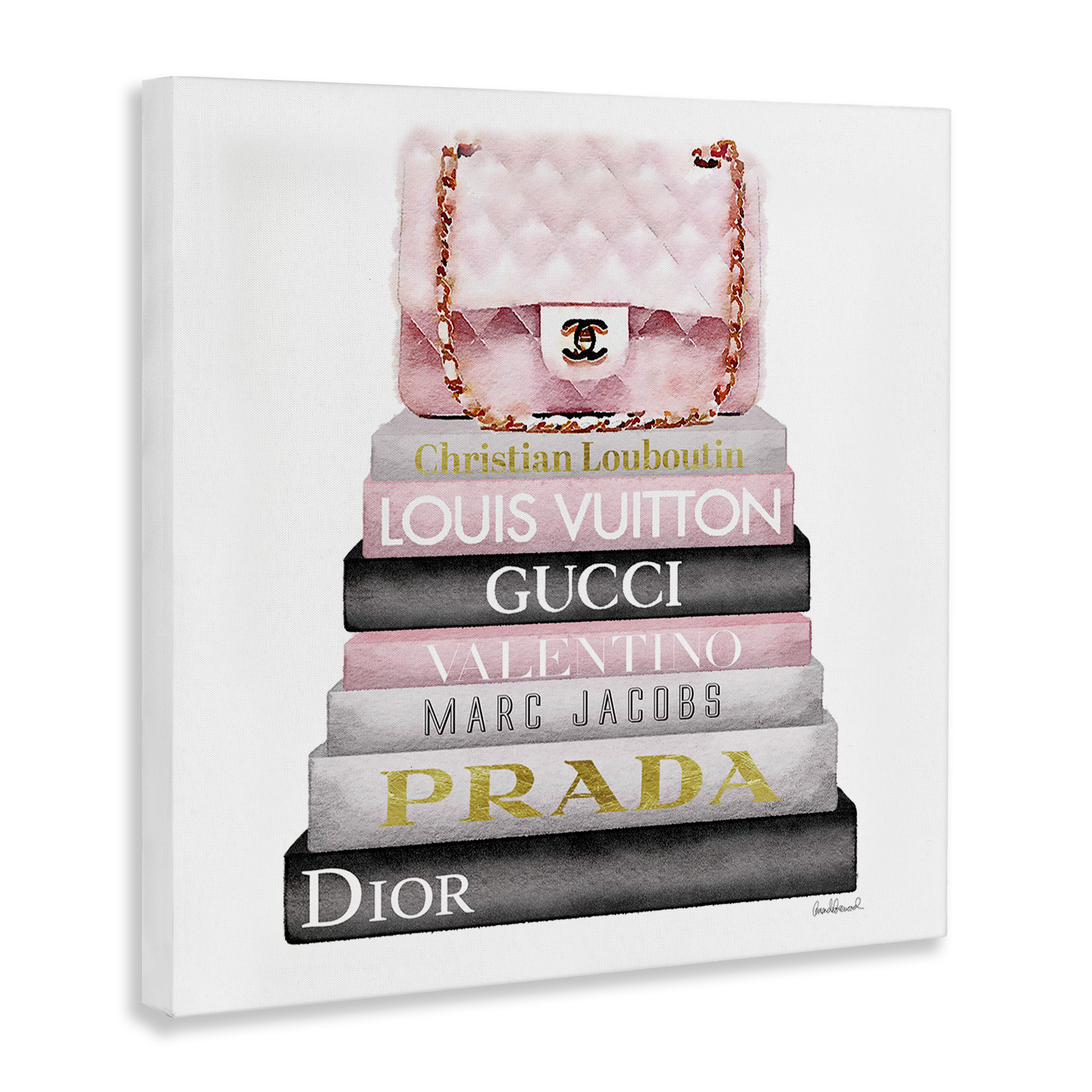 Watercolor High Fashion Bookstack Padded Pink Bag Beauty & Fashion Gallery-Wrapped Canvas Print Wall Art, 17x17