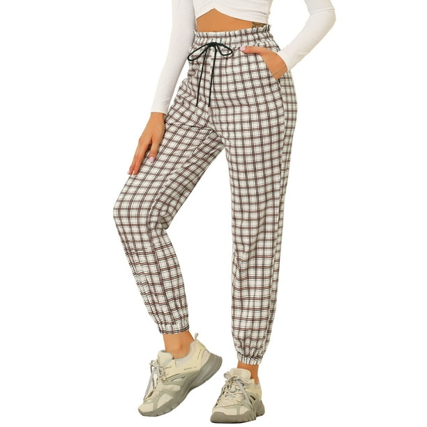 Drawstring waist plaid trousers sale