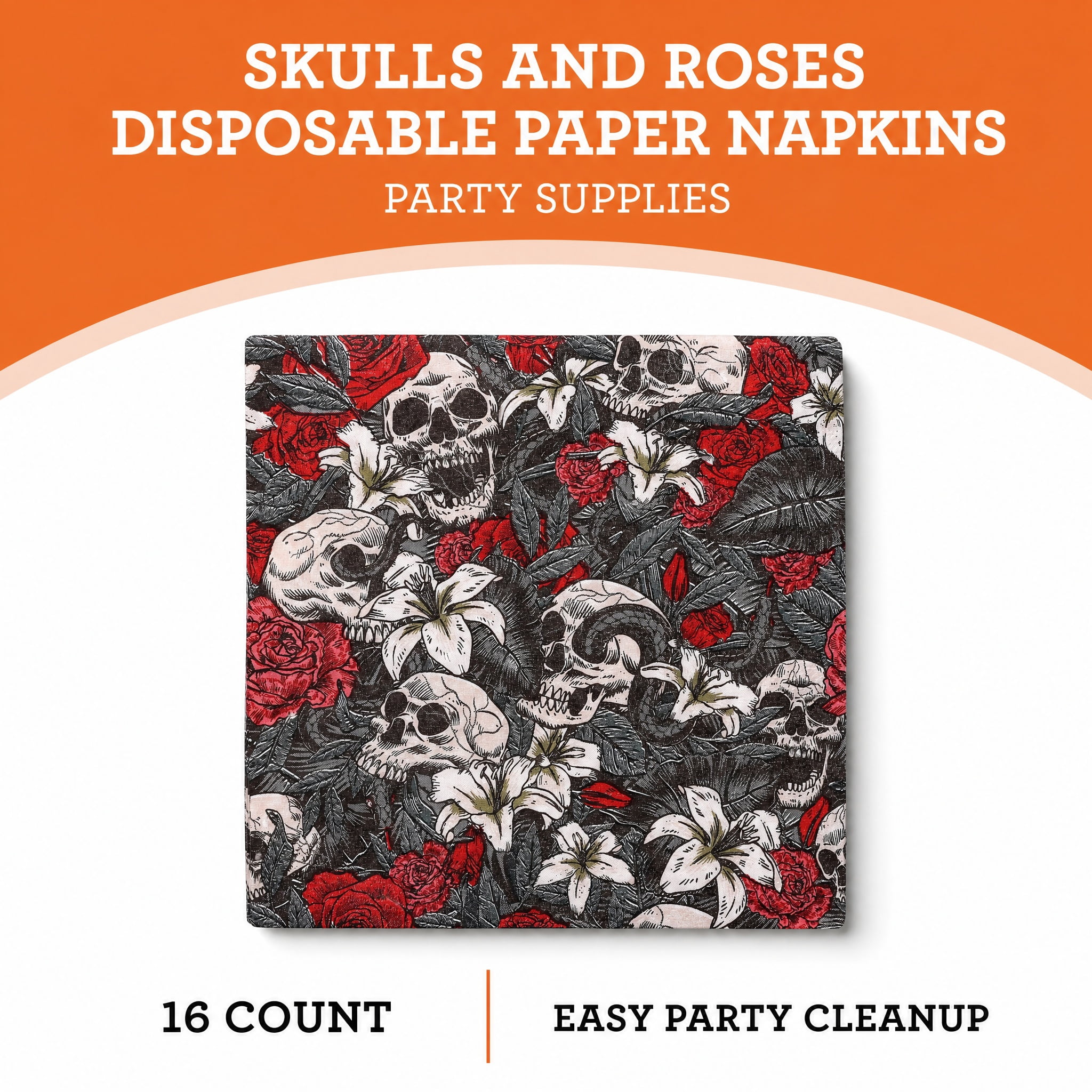 Skulls and Roses Disposable Paper Napkins, Multicolor, 6.5" x 6.5", 16 Count, Halloween by Way To Celebrate