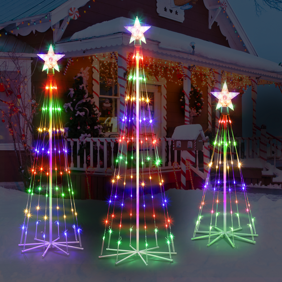 BTY KA 3-piece LED outdoor Christmas tree light show decoration, external lighting conical Christmas decoration with star decoration, courtyard porch backyard terrace,3 feet 4 feet 5 feet