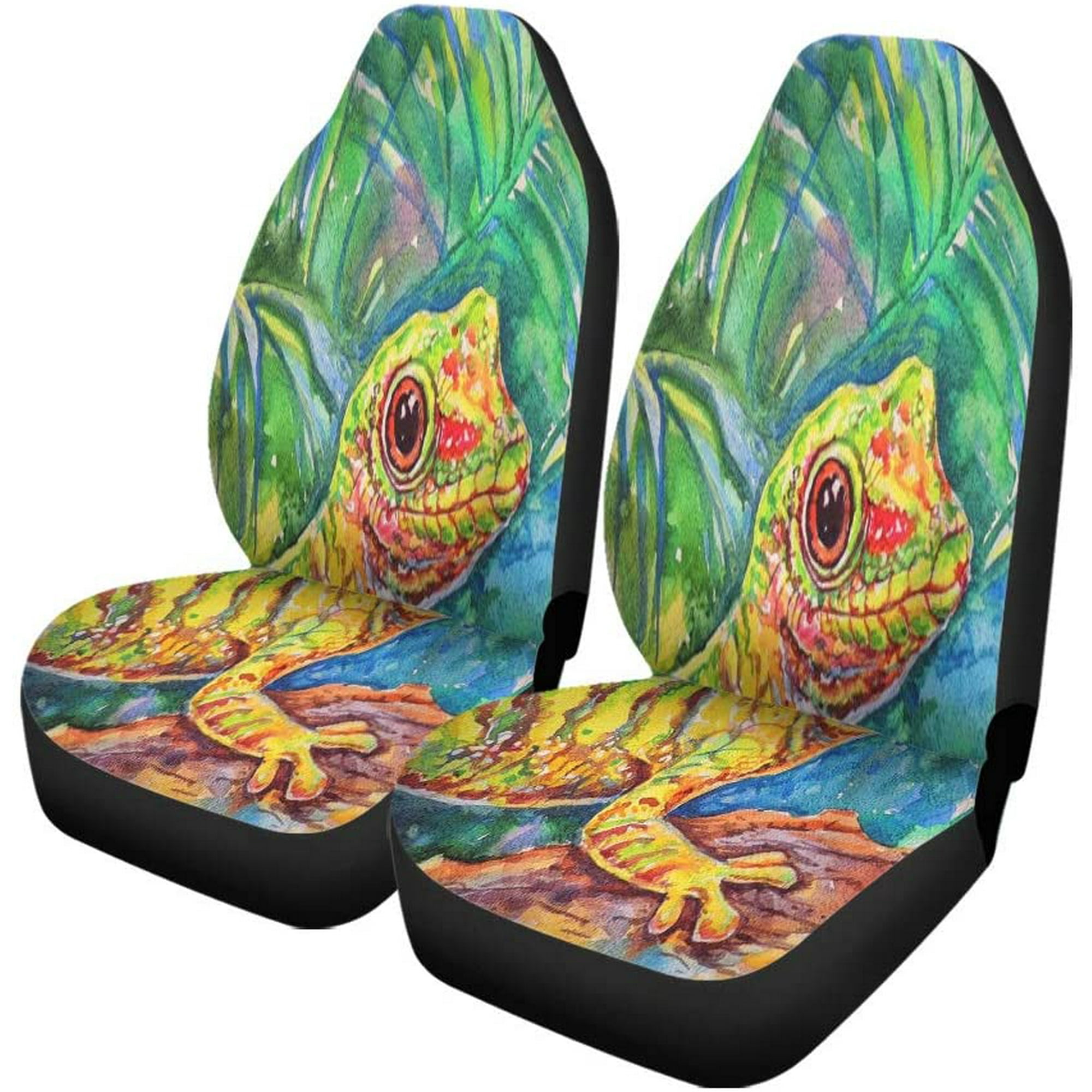 RYLABLUE Set of 2 Car Seat Covers Green Gecko Watercolor Lizard Yellow Amphibian Climb Climbing Universal Auto Front Seats Protector Fits for Car SUV