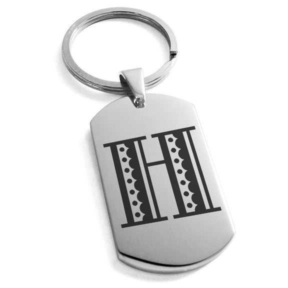 Tioneer Stainless Steel Letter H Initial Metro Retro Monogram Engraved Dog Tag Keychain Keyring