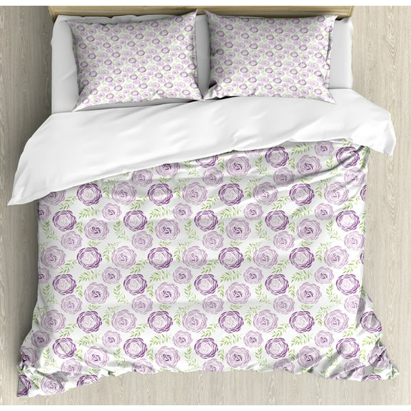 Floral Duvet Cover Set, Top View of Garden Elements with Leaves, Decorative 3 Piece Bedding Set with 2 Pillow Shams, Calking Size, Pale Mauve White, by Ambesonne