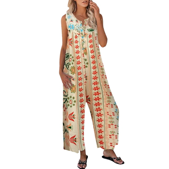 2DXuixsh Combinaison pour Femmes Mode Col Rond Imprimé Combinaisons Sans Manches Bouton Combinaison Pantalon Droit Poche Combinaisons Jaune Taille TG
