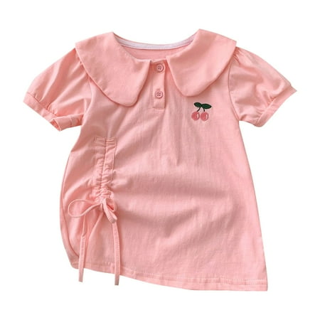 

ZRBYWB Summer Girl Clothes Baby Cherry Pattern Lace Up Solid Color Short Sleeve Dress Casual Outdoor For 0 To 6 Years Cute Summer Clothes
