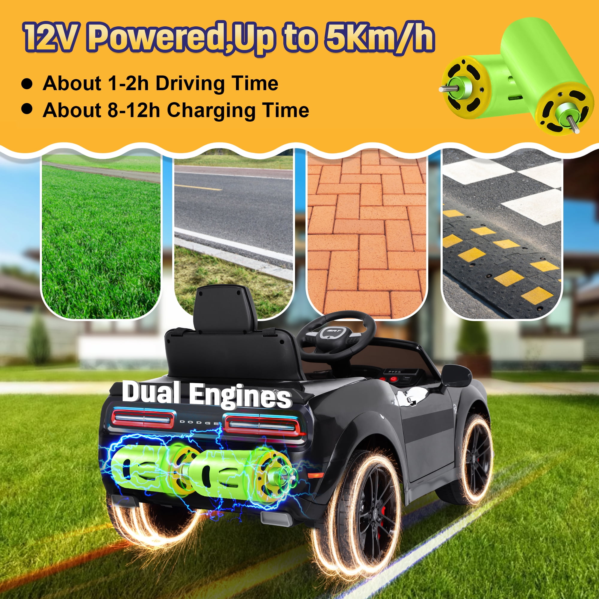 Dodge Challenger SRT Kids Ride on Car,Wisairt 12 V Battery Powered Electric Vehicle w/ Remote Control,Bluetooth,LED Lights(Black)