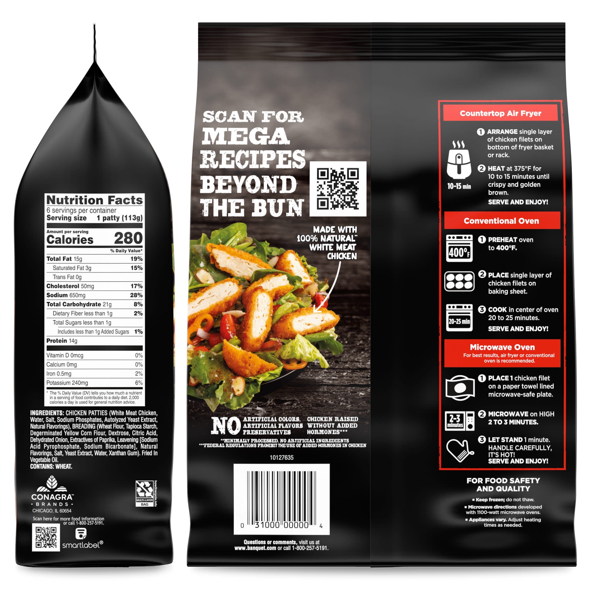 Banquet MEGA Filets Original Crispy Chicken Filets, 13g Protein per Serving, Frozen Meal, 24 oz., 6-Count