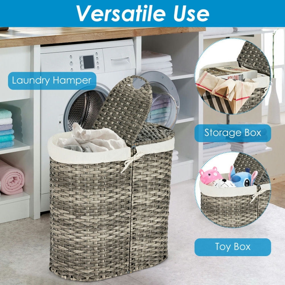 Finihen Laundry Hamper, Laundry Basket, Handwoven Laundry Hamper Basket with 2 Removable Liner Bags, for Bathroom, laundry Room, Gray Finihen Laundry Hamper, Laundry Basket, Handwoven Laundry Hamper Basket with 2 Removable Liner Bags, for Bathroom, laundry Room, Gray