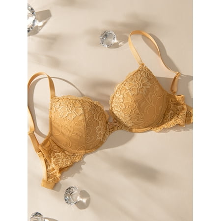 Deyllo Women s Lace Push Up Padded Plunge Add Cups Underwire Lift Up Bra  Gold 34A
