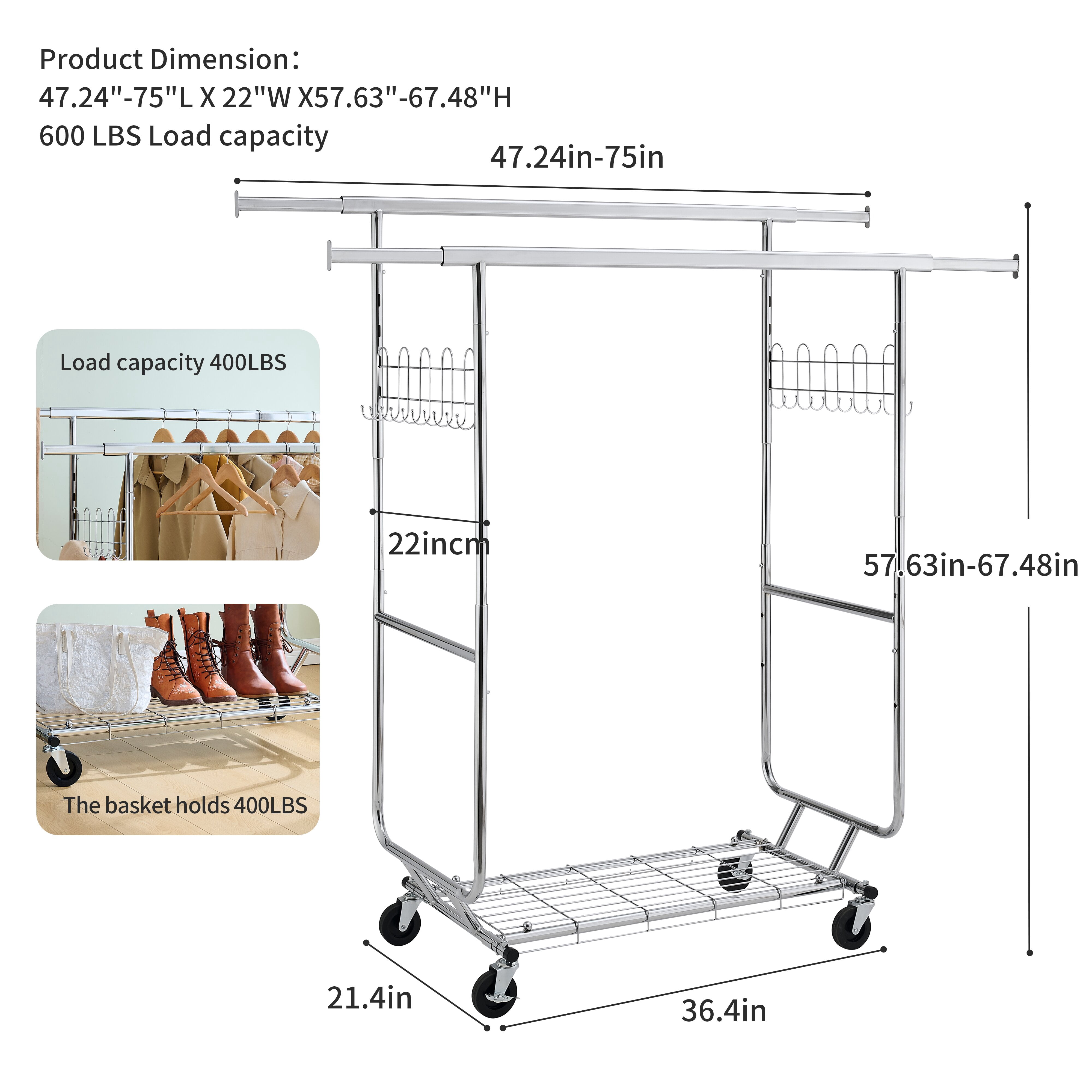 Yoneston 800lbs Heavy Duty Garment Rack with Wheels, Adjustable Metal Double Rail Rolling Clothing Rack with Storage Shelf Portable Clothing Rack for Home Office Shop,Sliver